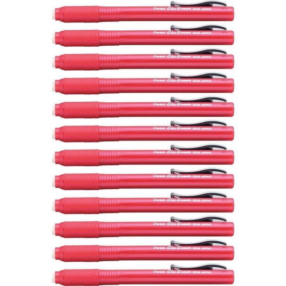 Pentel Rubber Grip Clic Eraser - Red - Pen - Refillable - 12 / Box - Tear Resistant, Latex-free Grip, Pocket Clip, Ghost Resistant, Scratch Resistant, | Bundle of 2 Boxes