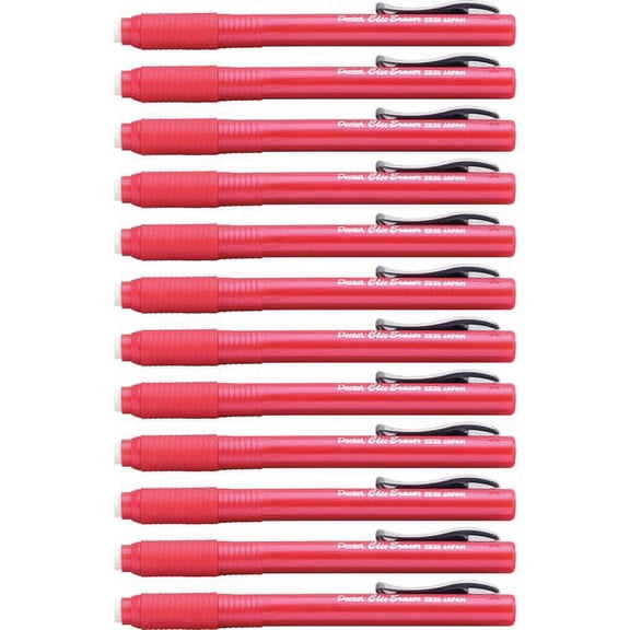 Pentel Rubber Grip Clic Eraser - Red - Pen - Refillable - 12 / Box - Tear Resistant, Latex-free Grip, Pocket Clip, Ghost Resistant, Scratch Resistant, Retractable | Bundle of 10 Boxes