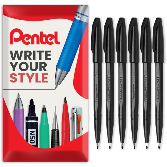 Pentel S520 Original Sign Pen Fibre Tip Fineliner Pens - 2mm Nib 1mm Line - Gift Box of 6 - Black