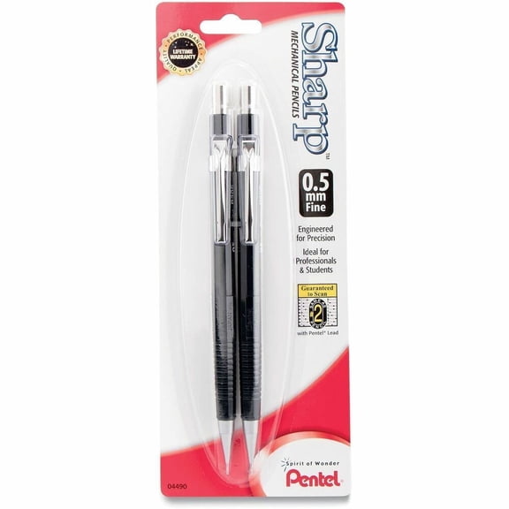 Pentel Sharp Mechanical Pencils with Built-In Erasers, 0.5mm Lead, No. 2, Black, 2 Count Pack