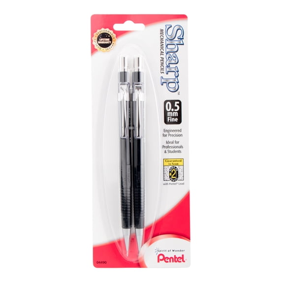 Pentel Sharp Mechanical Pencils with Built-In Erasers, 0.5mm Lead, No. 2, Black, 2 Count Pack