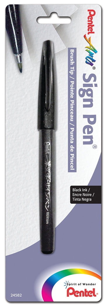 Pentel Sign Pen, Brush-Tip, Black, Carded Packaging 