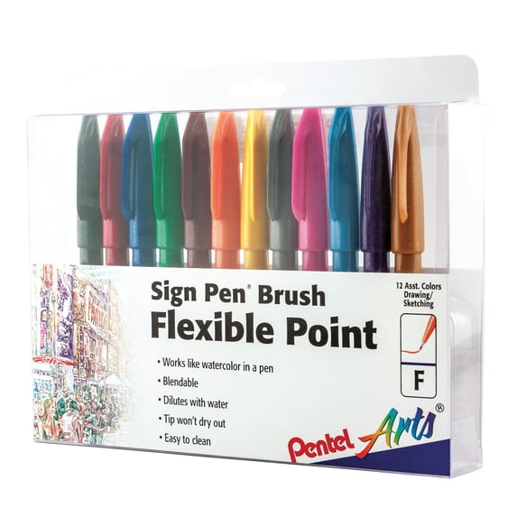 Pentel Sign Pen Brush Tip Set, 12-Colors