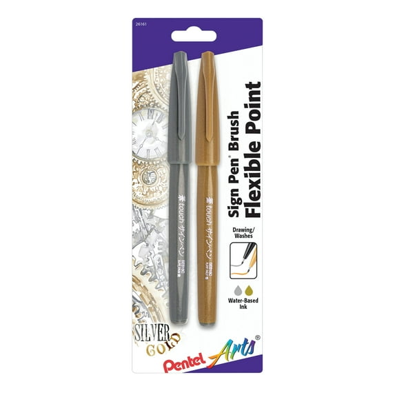 Pentel Sign Pen Brush Tip Set, Gold & Silver
