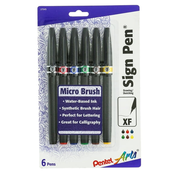 Pentel Sign Pen Set, Micro Brush Tip, 6-Colors