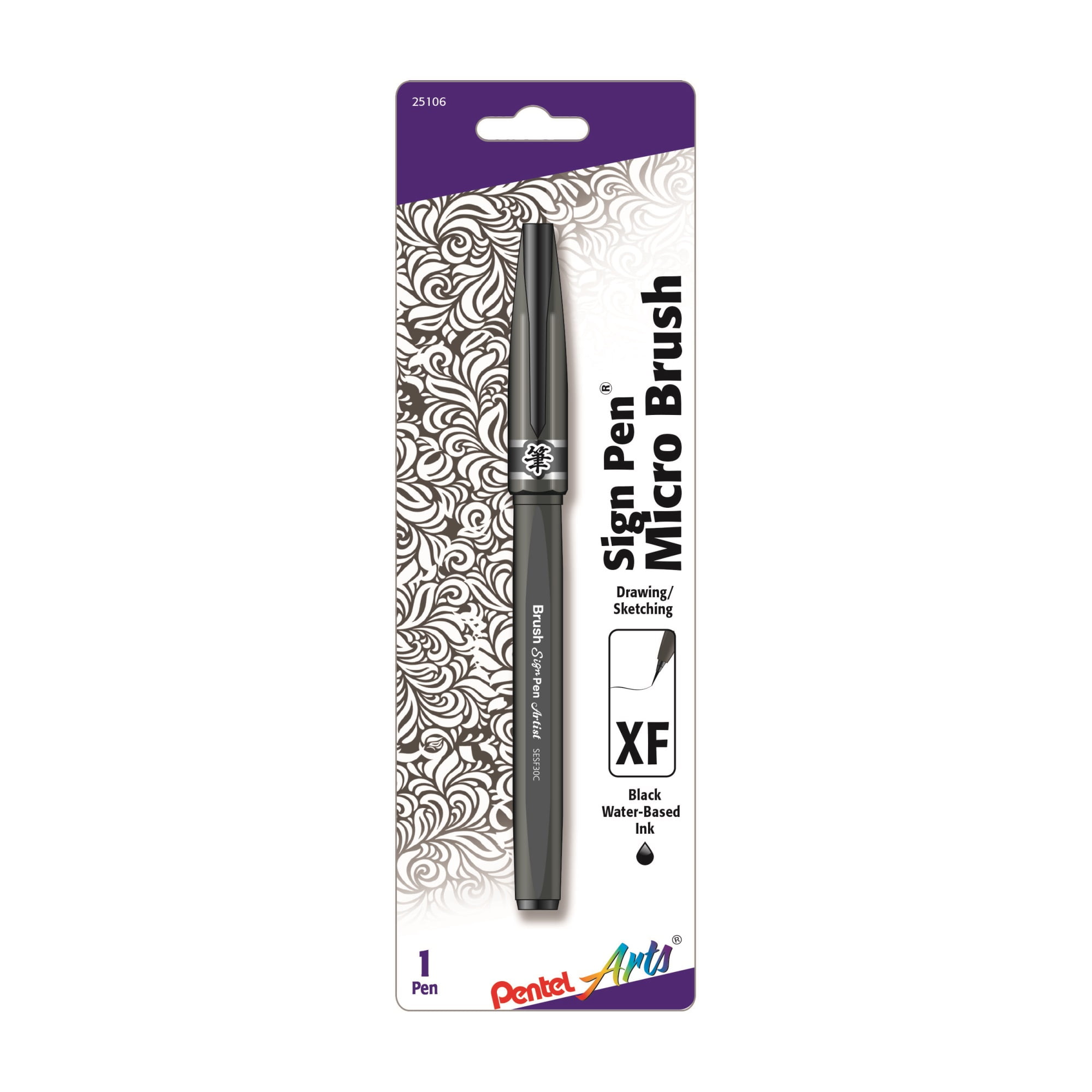 Pentel Sign Pens with Brush Tip, Micro Brush-Tip, Black, Carded Packaging