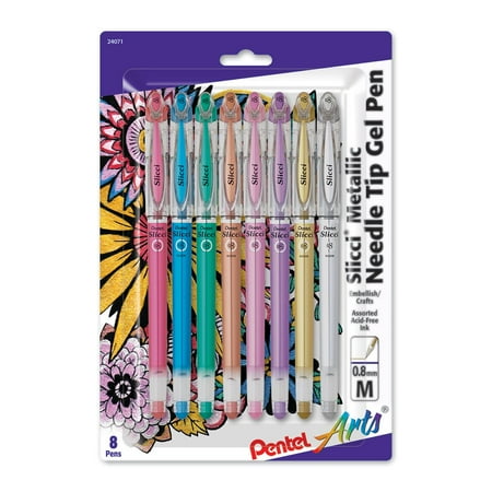 Pentel Arts Slicci METALLIC (0.8mm) Needle Tip Med Gel Pen Assorted Metallic Ink (MB/MC/MD/ME/MP/MV/X/Z), 8-Pk