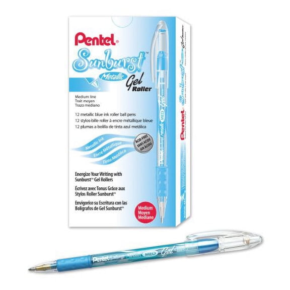 Pentel Sunburst Metallic Gel Pen, 0.8mm Tip Writes 0.4mm Line, Blue/Transparent Barrel Blue Ink, Box of 12 (K908-MC)