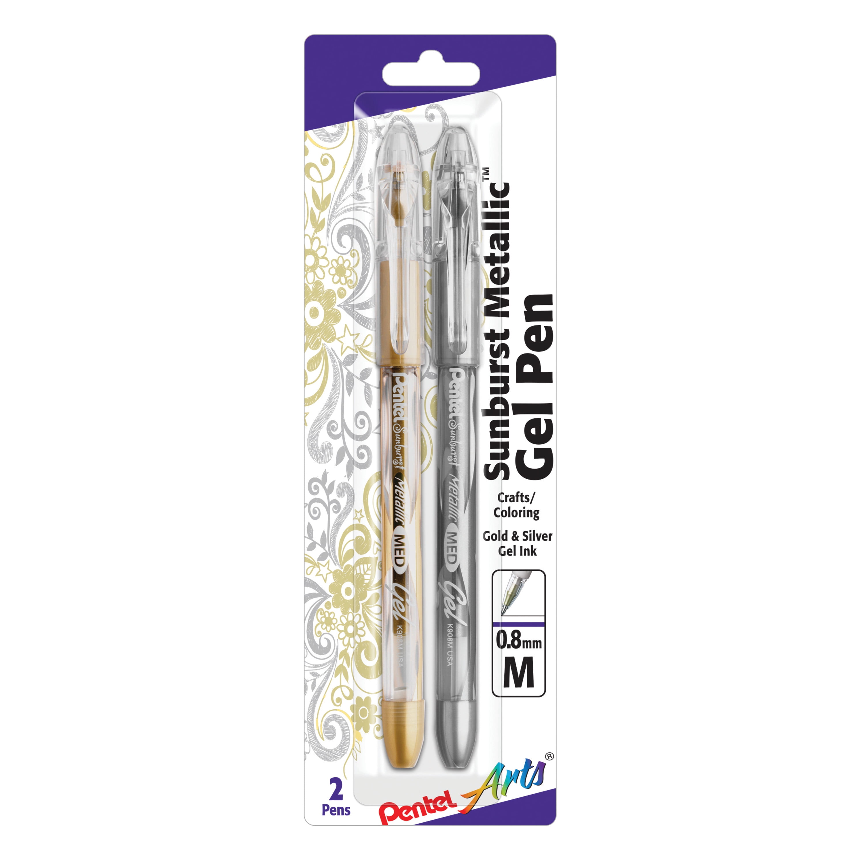 Pentel Sunburst Metallic Gel Pens .8mm 2/Pkg Gold & Silver