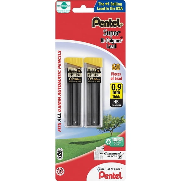 Pentel Super Hi-Polymer 0.9mm Lead Refill - 0.9 mmBold Point - HB - Black - 60 / Pack | Bundle of 2 Packs