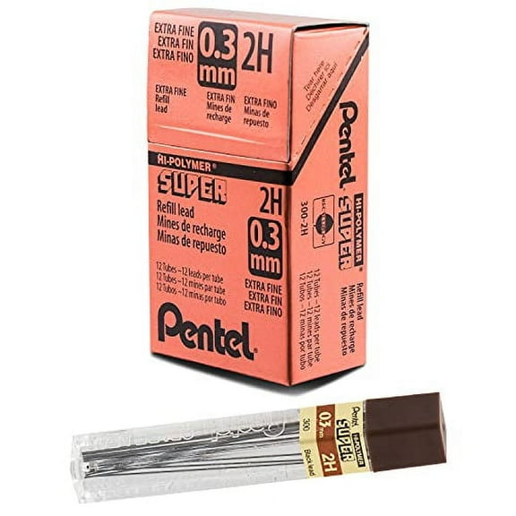Pentel Super Hi-Polymer Lead, 0.3mm, Extra Fine, 12 Pieces/Tube, Choose Hardness[2H,Dozen]