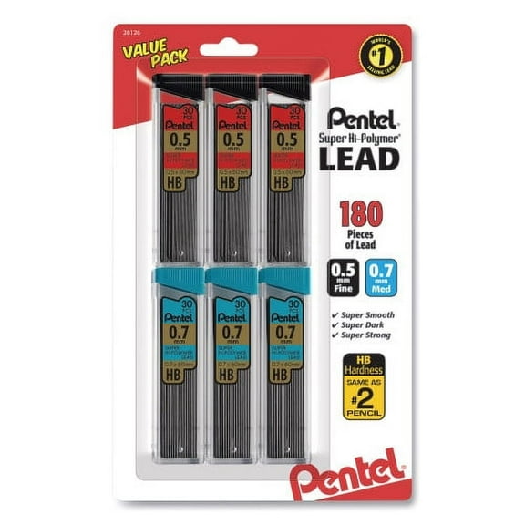 Pentel Super Hi-Polymer Lead Refill Value Pack, 0.5 mm; 0.7 mm, HB, Black, 30/Tube, 6 Tubes/Pack