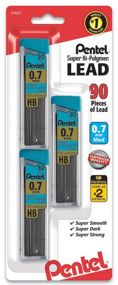 Pentel Super Hi-Polymer Mechanical Pencil Lead Refill (0.7mm) Medium, HB, 30 Pieces per Tube, 3 Tubes per Pack