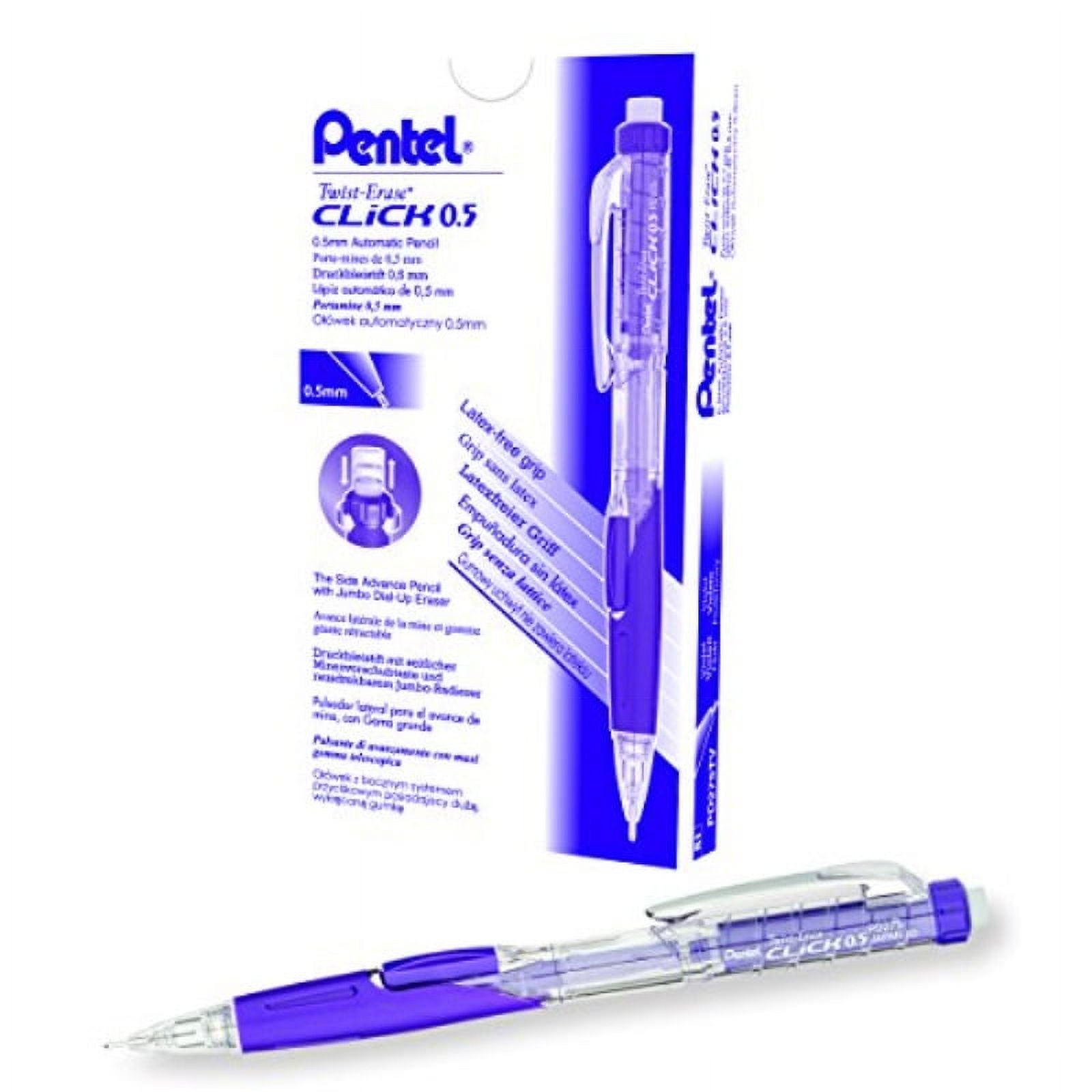 pentel twist-erase click mechanical pencil (0.5mm) transparent violet barrel, box of 12 (pd275tv)