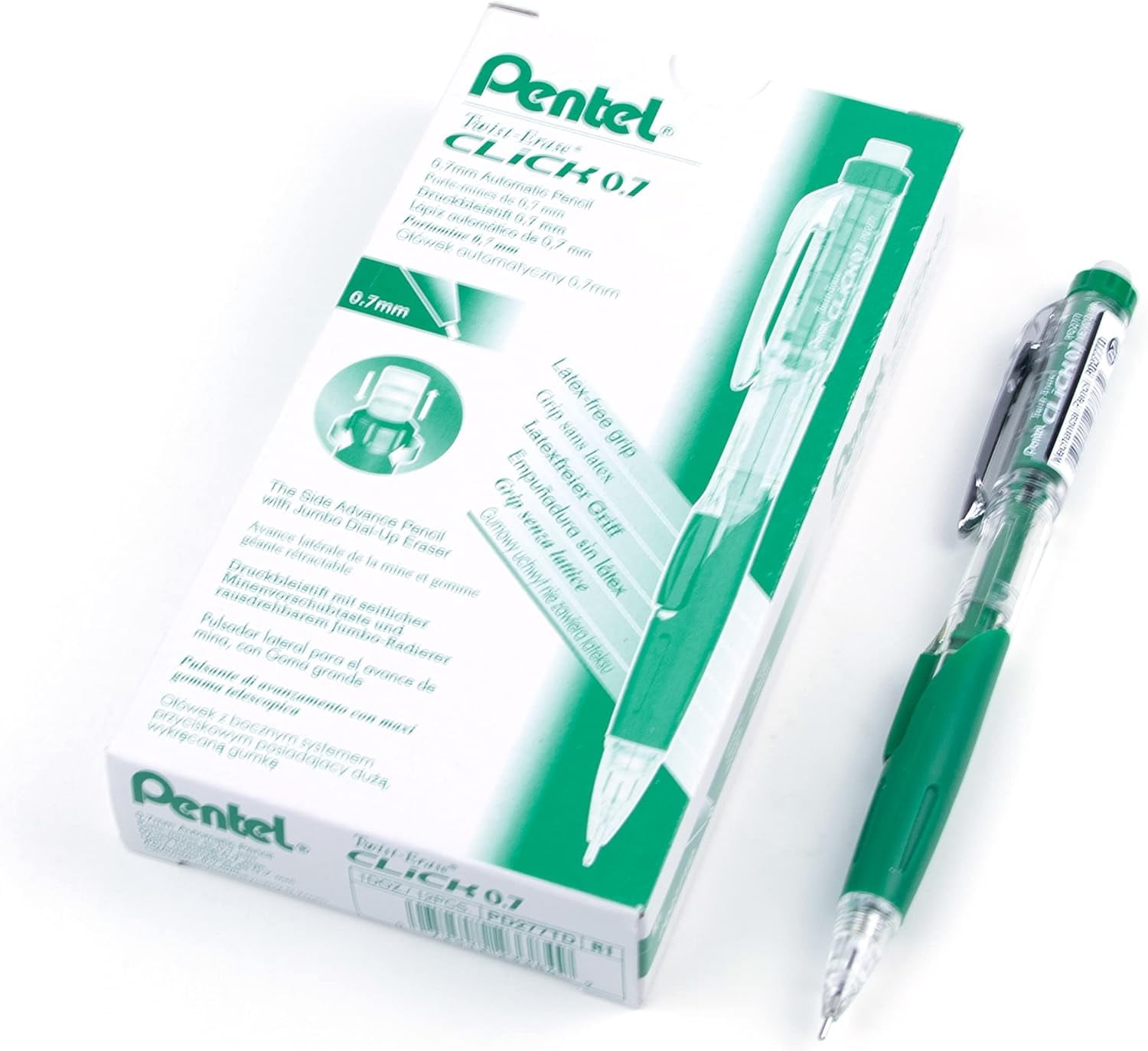 Pentel Twist-Erase CLICK Mechanical Pencil (0.7mm) Assorted Green Barrel  Colors, Color May Vary, Box of 12 (PD277TD) 0.7 mm 12 Count (Pack of 1)  Green 