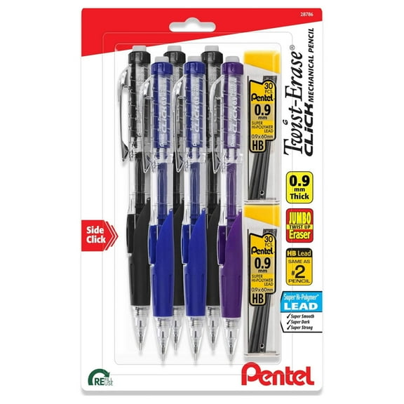 Pentel Twist-Erase Click Mechanical Pencil (0.9mm), 6 Pack with 2 Pack of Lead Refills