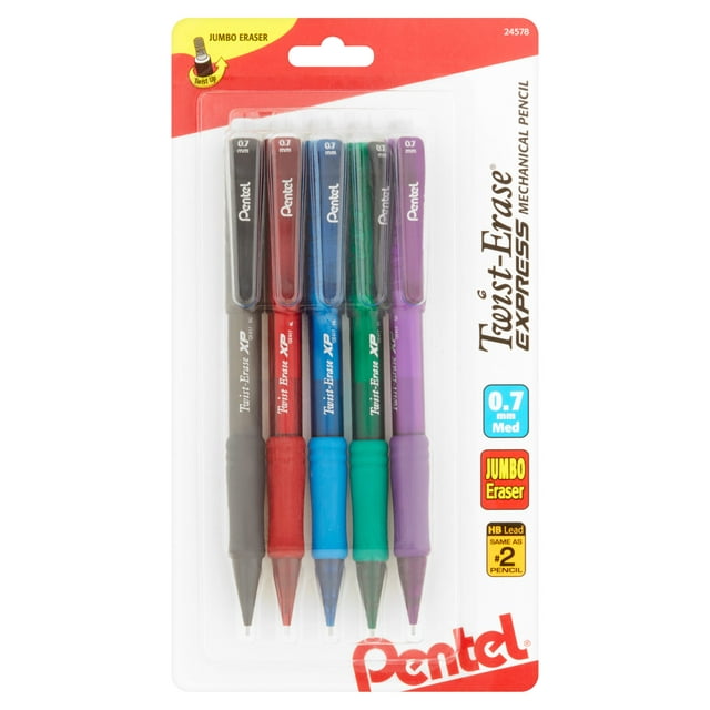 Pentel Twist-Erase EXPRESS Pencil (0.7mm) Asstd Barrel Colors, 5-Pk