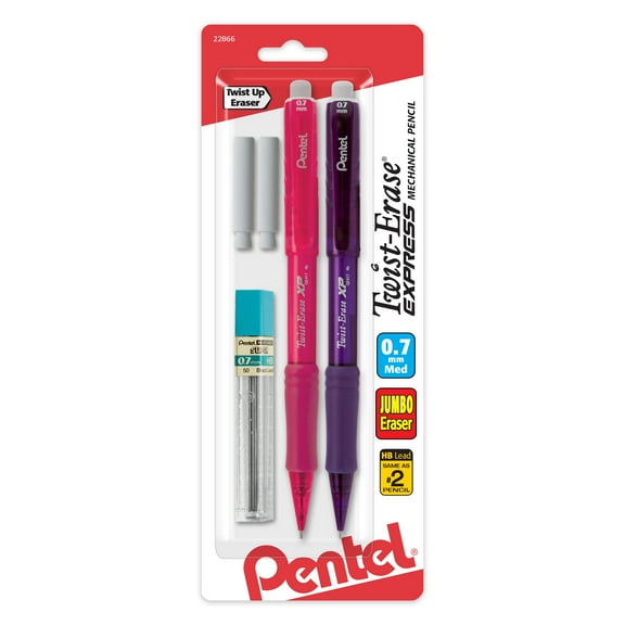 Pentel Twist-Erase EXPRESS pencil, 0.7mm 2 PK, lead and eraser