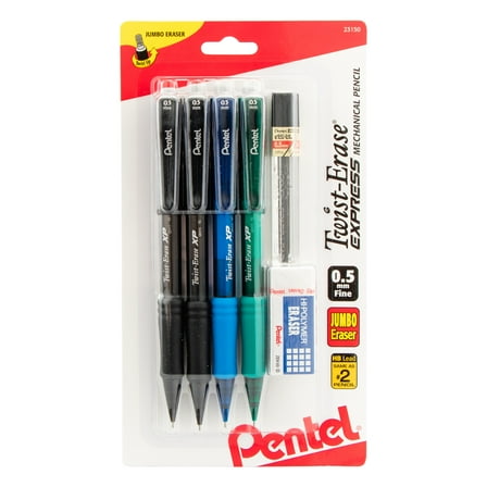 Pentel Twist-Erase Express Mechanical Pencil 0.5mm fine, Pack of Four Assorted Barrel Colors with Lead and Eraser 6 Pieces in Pack