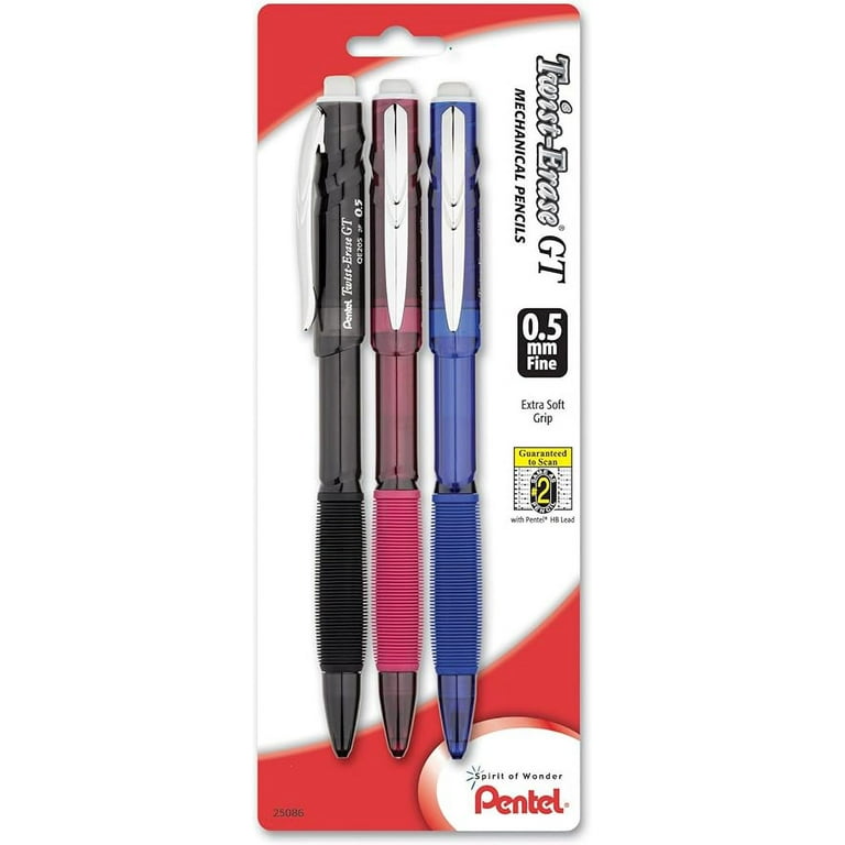 Pentel Twist-Erase GT (0.5mm) Mechanical Pencil, Assorted Barrel Colors,  Color May Vary, Pack of 3 (QE205BP3M)