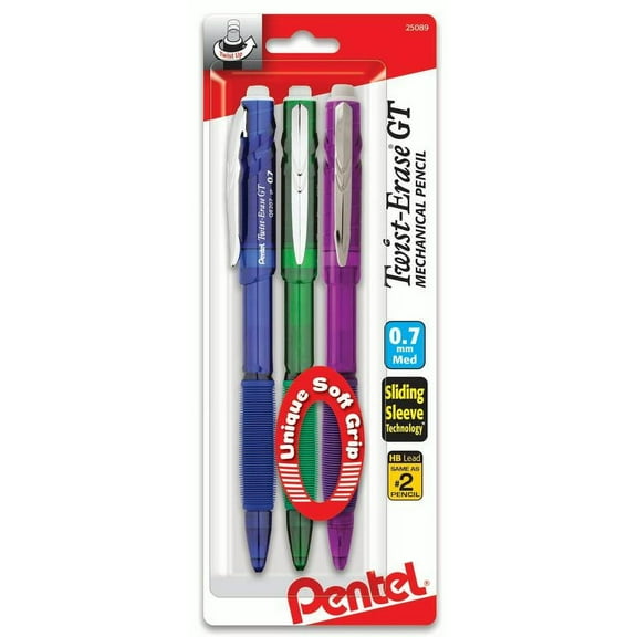 Pentel Twist-Erase GT (0.7mm) 1-CLICK Pencil, Asstd Barrels, 3-Pk