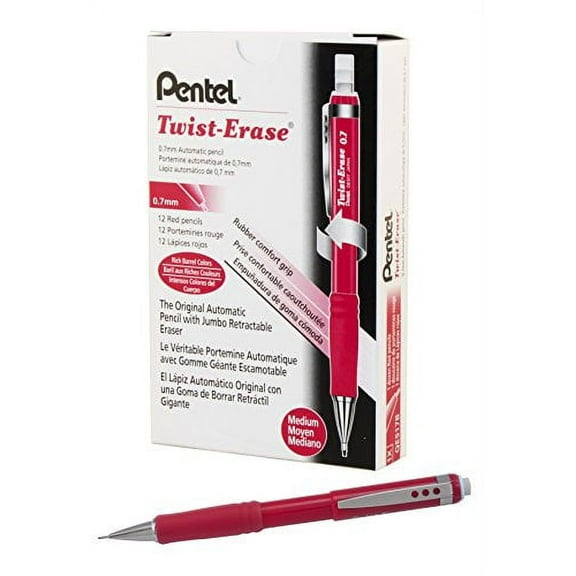 Pentel Twist-Erase III Mechanical Pencil, 0.7mm, Red Barrel, 12 Pack (QE517B)