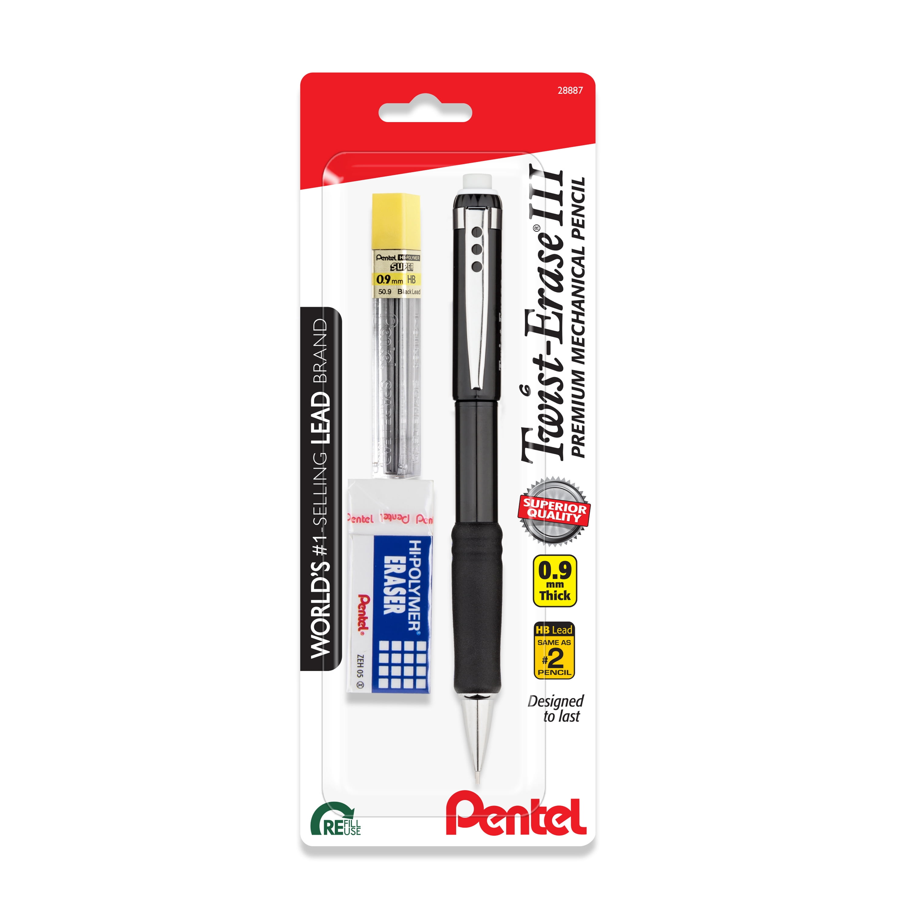 Pentel Twist Erase III Mechanical Pencils with Eraser and Refill, 0.9mm, HB #2 Lead