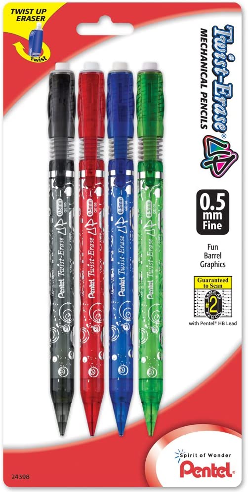 Pentel TwistErase Up, 0.5mm, Fine Line, Assorted Barrel Colors, 4 Pack