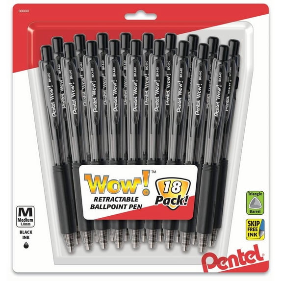Pentel Wow! Retractable Ballpoint Pen, (1.0mm) Medium Line, NEW Ink, Black Ink 18-Pk