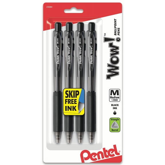 Pentel Wow! Retractable Ballpoint Pen, 1.0mm, Bold Line, Black Ink, Pack of 4 Pens