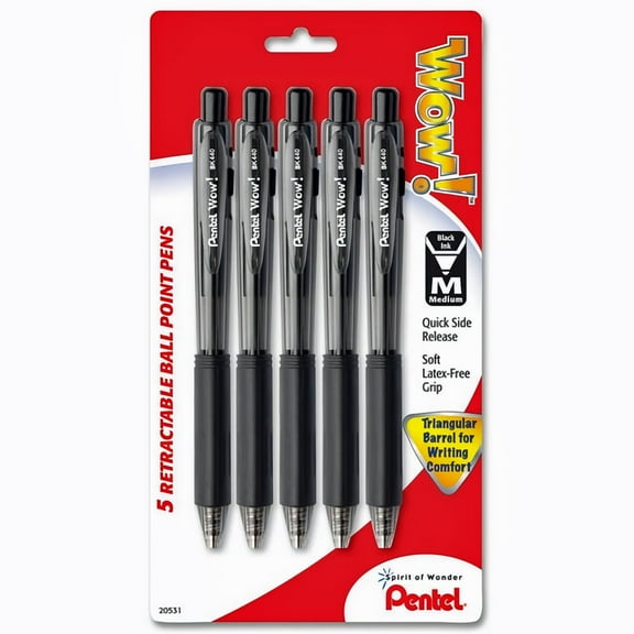 Pentel Wow! Retractable Ballpoint Pen, (1.0mm) Medium Line, Black Ink 5-Count (Pack of 12)