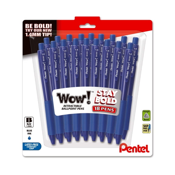 Pentel Wow! Retractable Ballpoint Pen, (1.4mm), Bold Line, Blue Ink, Pack of 18 (BK444BP18C)