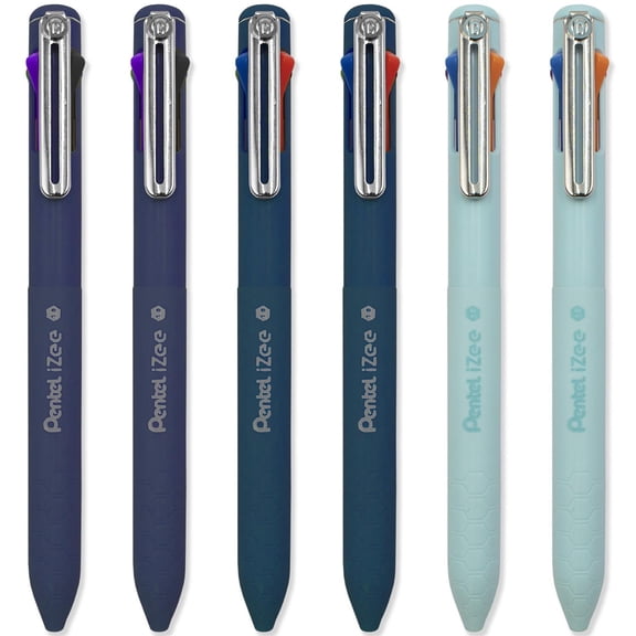 Pentel iZee 4 Colour Ballpoint Pen - Deep Blue, Deep Violet, Sky Blue Barrels - Multi Ink - Pack of 6