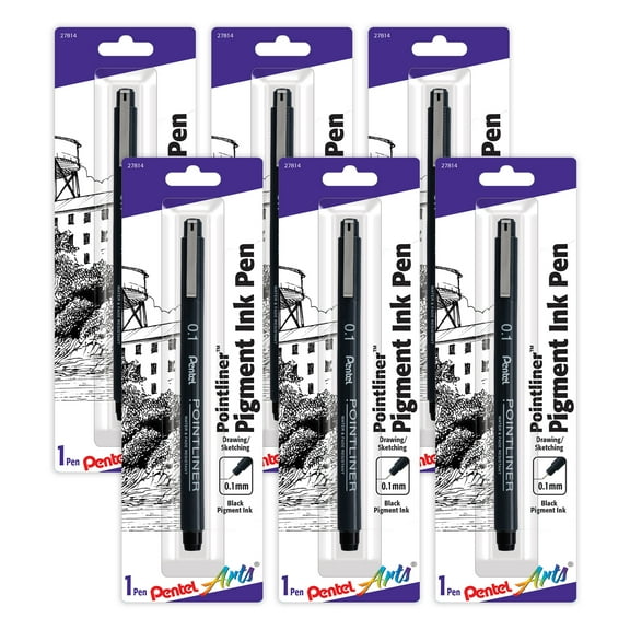 Pentel Arts Pointliner Pen, 0.1mm, Black Pigment Ink, Pack of 6