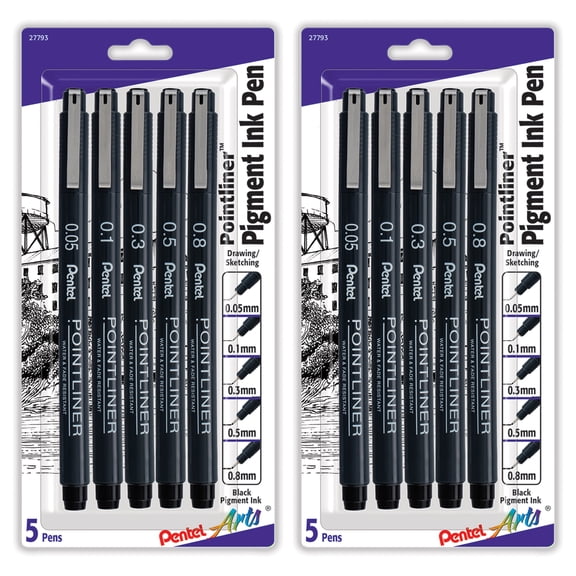 Pentel Arts Pointliner Pen, Assorted Sizes, Black Pigment Ink, 5 Per Set, 2 Sets