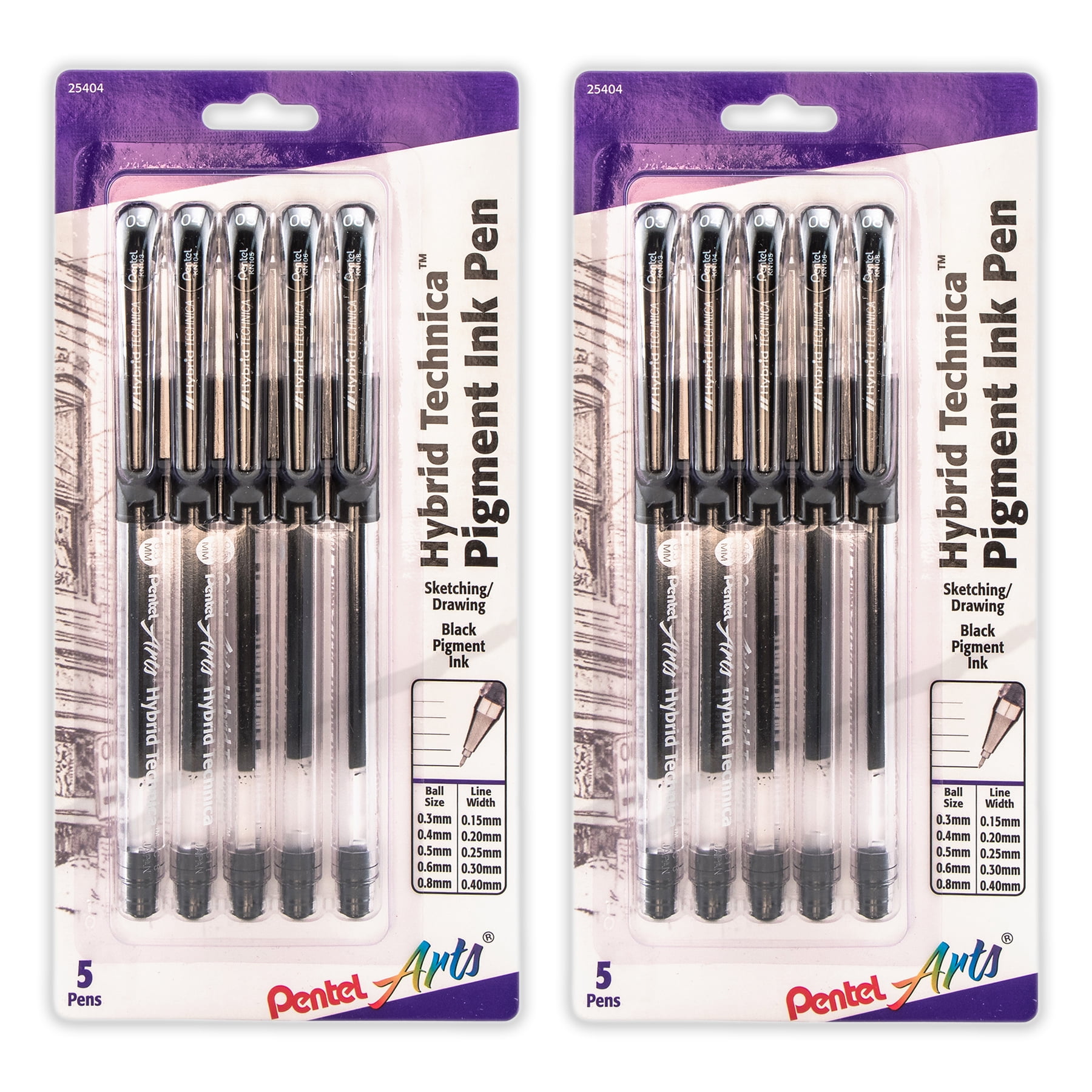 Pentel Arts Hybrid Technica Gel Pen, Assorted Tip Sizes (0.05, 0.1, 0.3, 0.5, 0.8), Black Ink, 5 Per Pack, 2 Packs