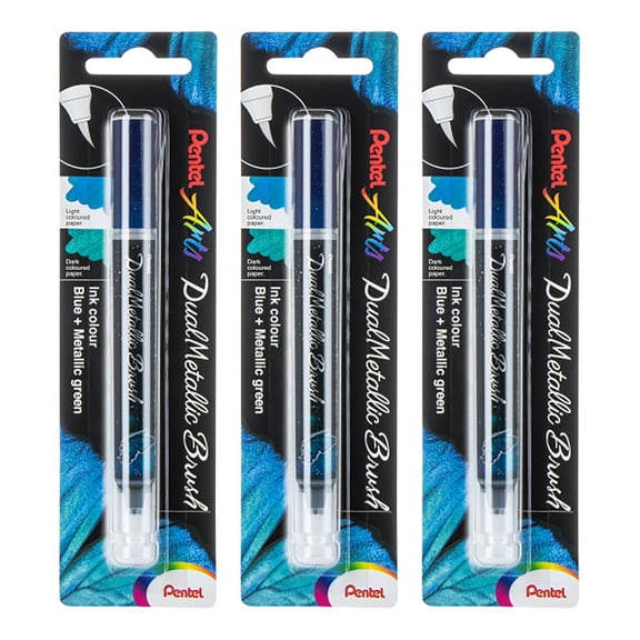 Pentel Arts DualMetallic Brush, Blue/Metallic Green Ink, Pack of 3