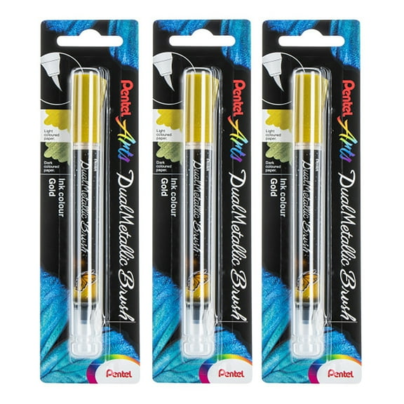 Pentel Arts DualMetallic Brush, Gold Ink, Pack of 3