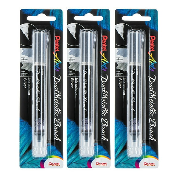 Pentel Arts DualMetallic Brush, Silver Ink, Pack of 3