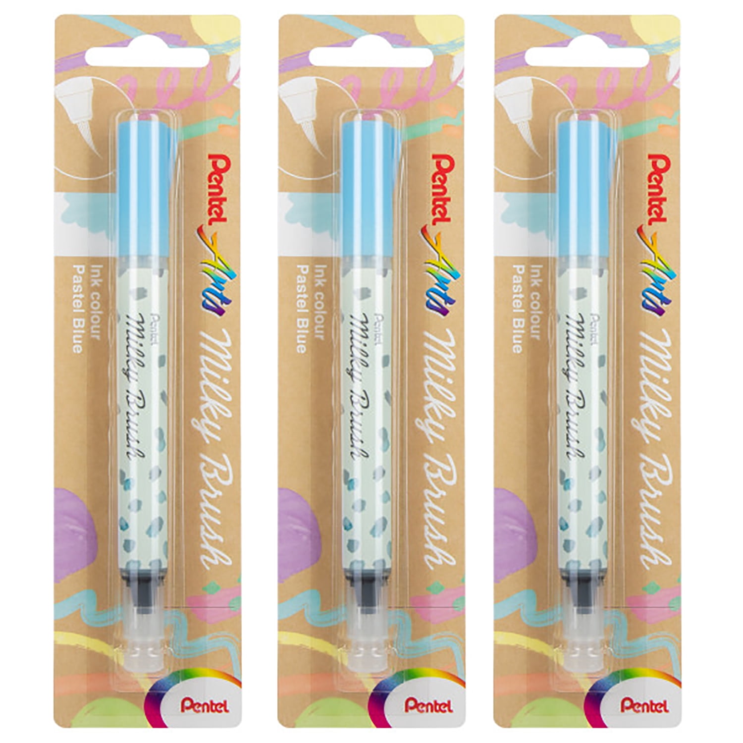 Pentel Arts Milky Brush Pen, Pastel Blue Ink, Pack of 3