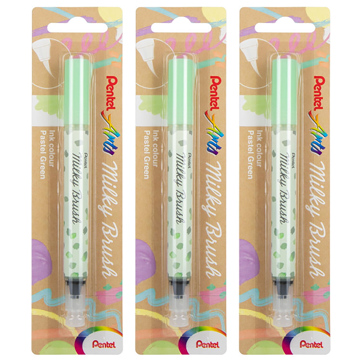 Pentel Arts Milky Brush Pen, Pastel Green Ink, Pack of 3