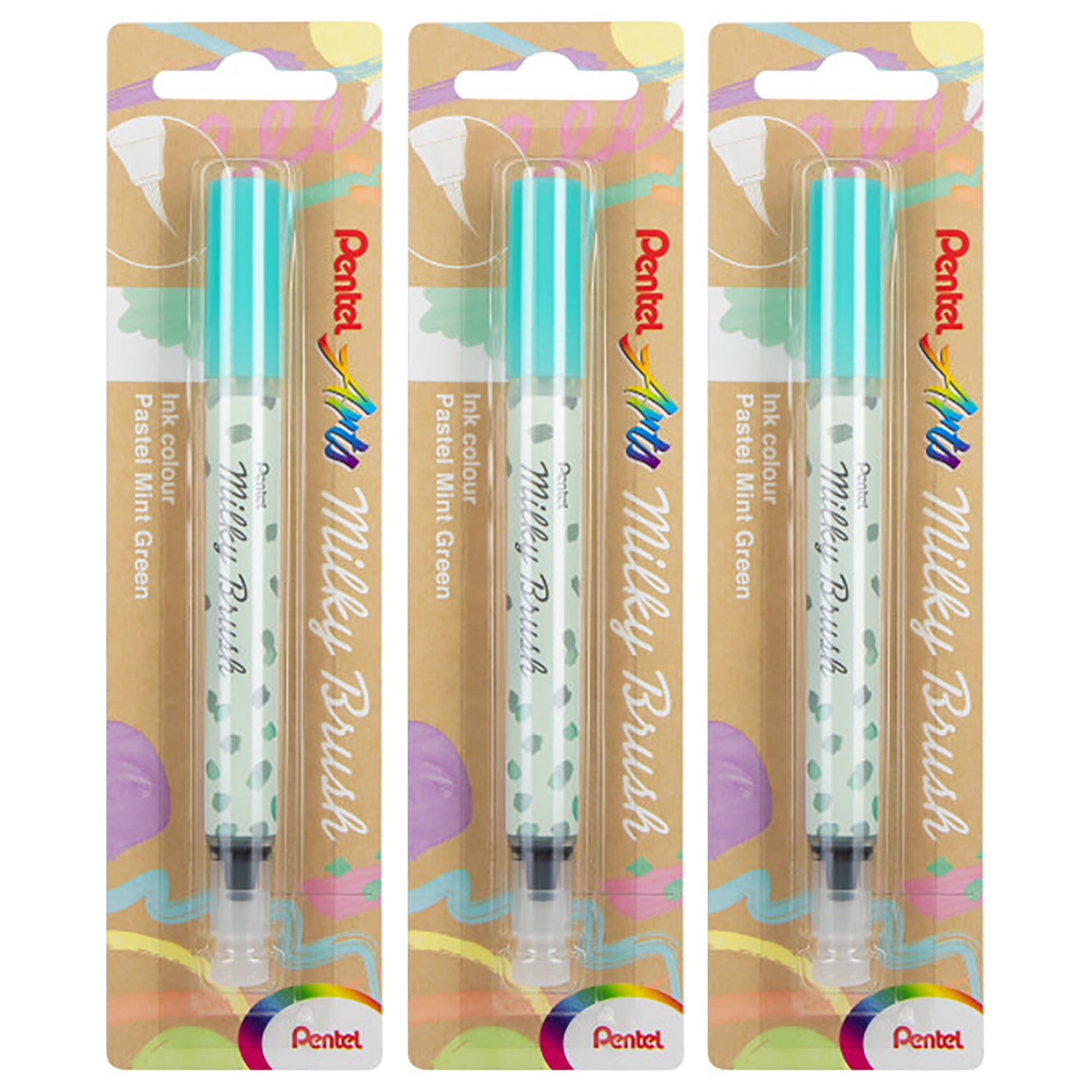 Pentel Arts Milky Brush Pen, Pastel Mint Green Ink, Pack of 3
