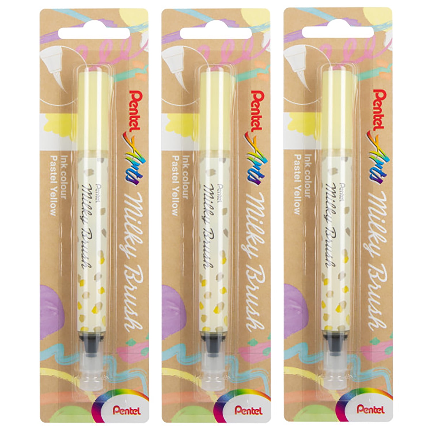 Pentel Arts Milky Brush Pen, Pastel Yellow Ink, Pack of 3