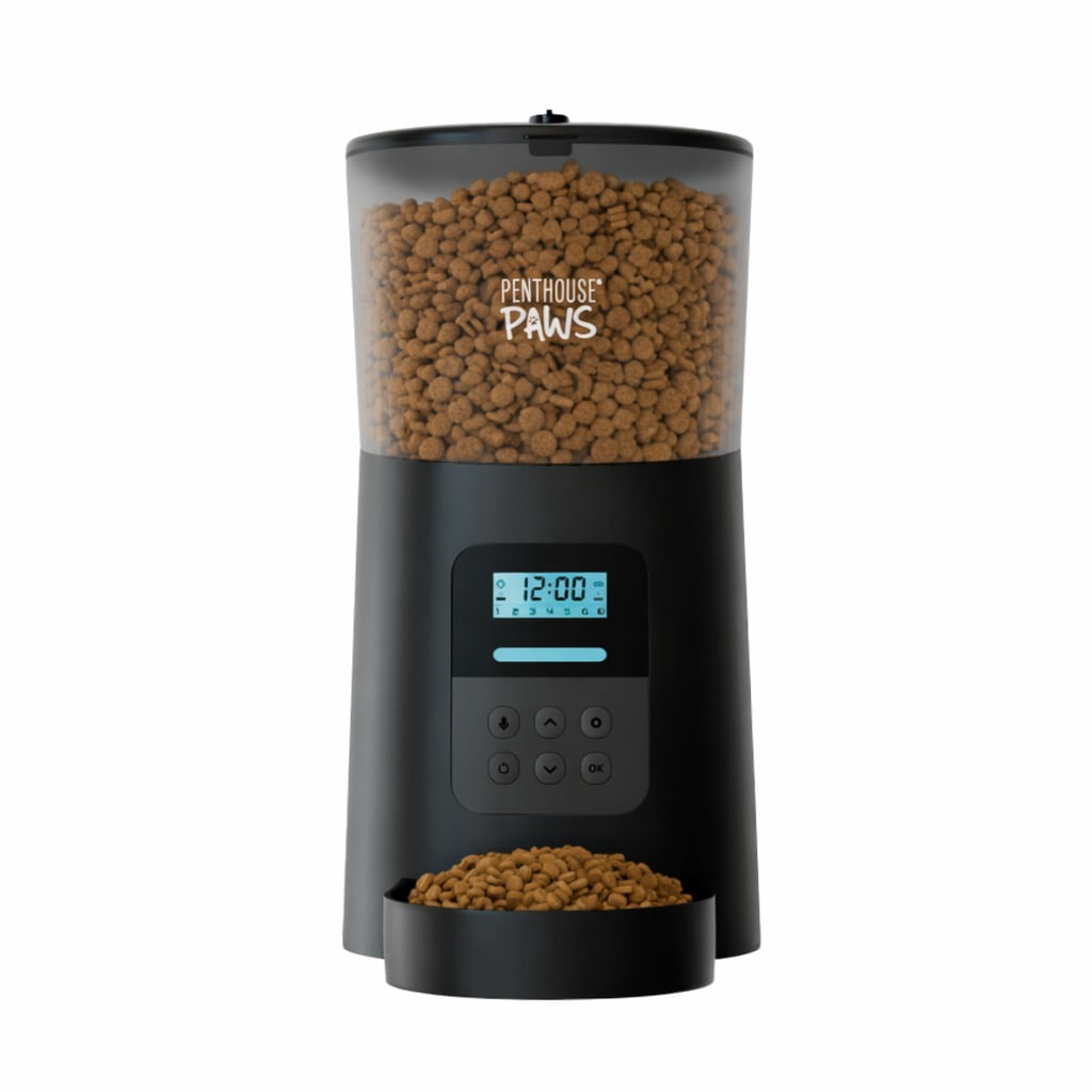 Penthouse Paws® Automatic Pet Food Feeder, 6L Capacity, LCD Panel, Voice Recording, Twist-Lock Seal, Backup Power, 15 Meals/Day, Black, for Cat & Dog