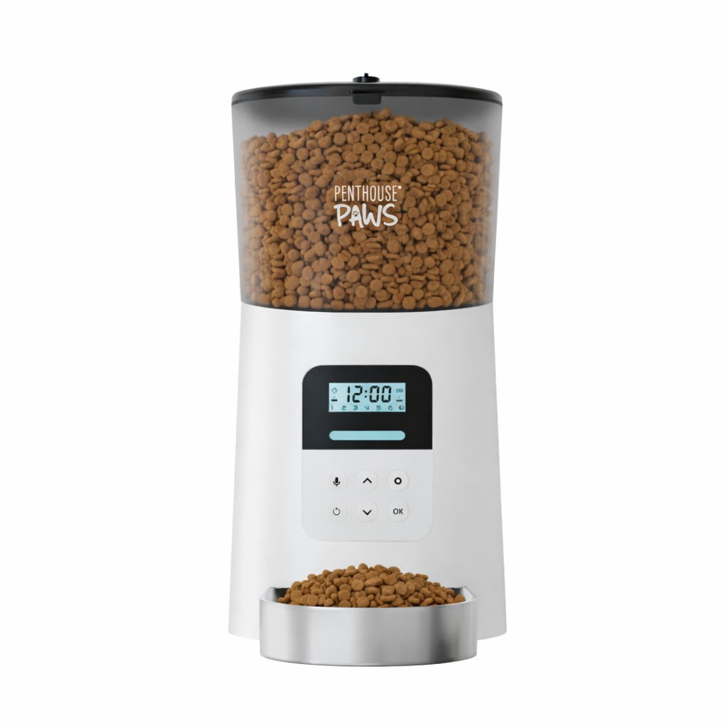 Penthouse Paws Automatic Cat Feeder with LCD, Twist-Lock Storage, Anti-Jam, Voice Meal Call, Battery Backup, Stainless Steel Bowl, Up to 15 Daily Meals, Single Tray 6L for Cat & Dog, White/ Stainless