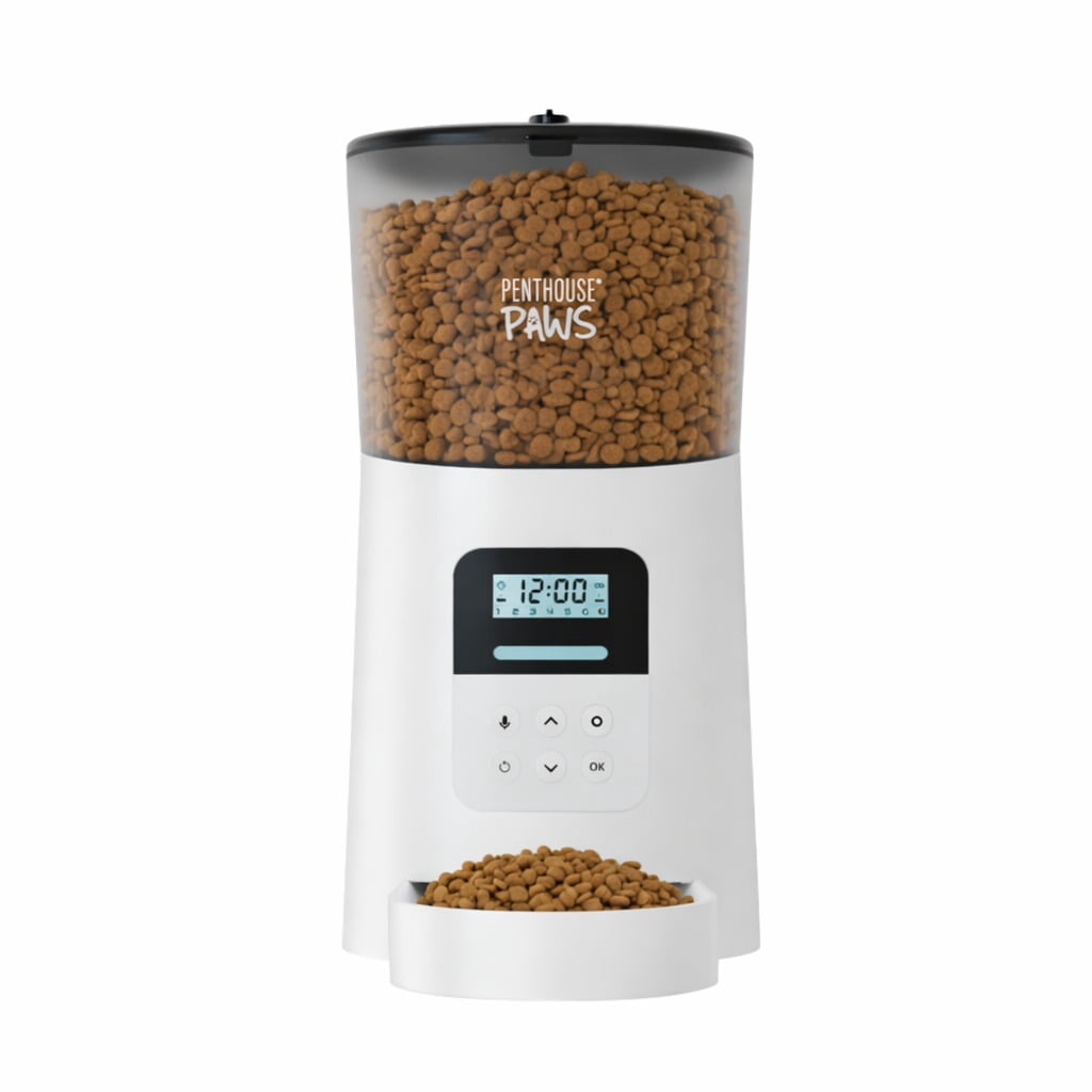 Penthouse Paws® Automatic Pet Food Feeder, 6L Capacity, LCD Panel, Voice Recording, Twist-Lock Seal, Backup Power, 15 Meals/Day, White, for Cat & Dog