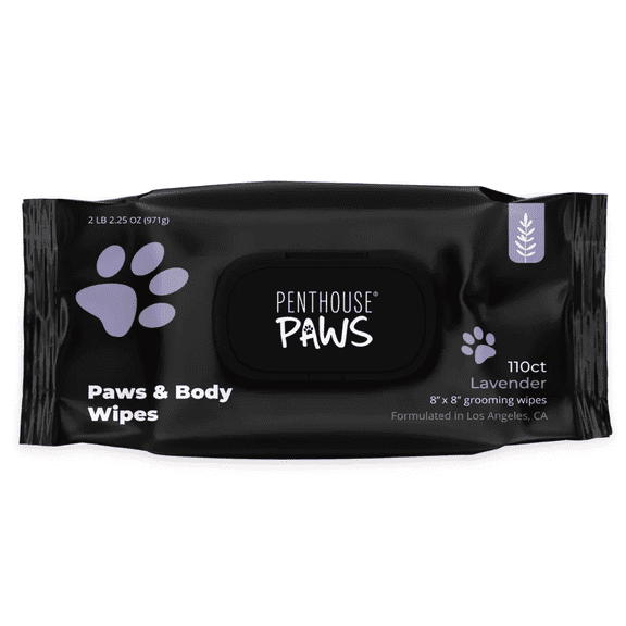 Penthouse Paws Lavender Paws & Body Pet Wipes with Aloe Vera & Vitamin E, Extra-Large 8” x 6”, Removes Dirt & Odors, 110 Count, for Cat & Dog