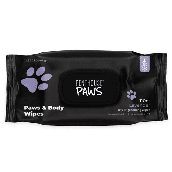 Penthouse Paws Lavender Paws and Body Pet Wipes, Aloe Vera and Vitamin E, Extra Large 8 x 6 Inches, 110 Count, for Cats and Dogs