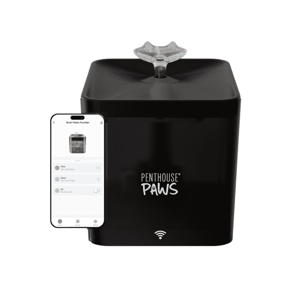 Penthouse Paws Smart Pet Water Fountain, App Controlled, Ultra Quiet Pump, 5 Stage Filtration, Whisker Friendly Bowl, BPA Free, 2.2 L, Black, For Cat and Dog