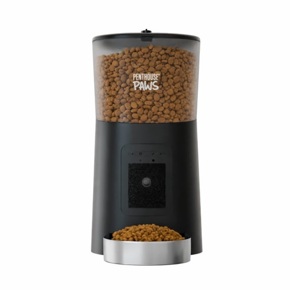 Penthouse Paws Smart HD Automatic Pet Feeder, 6L Dry Food Capacity, 1080p Camera, 2-Way Audio, Scheduled Meals, Backup Power, Easy to clean, Anti-Jam Design for Cat & Dog, Black/ Stainless Steel